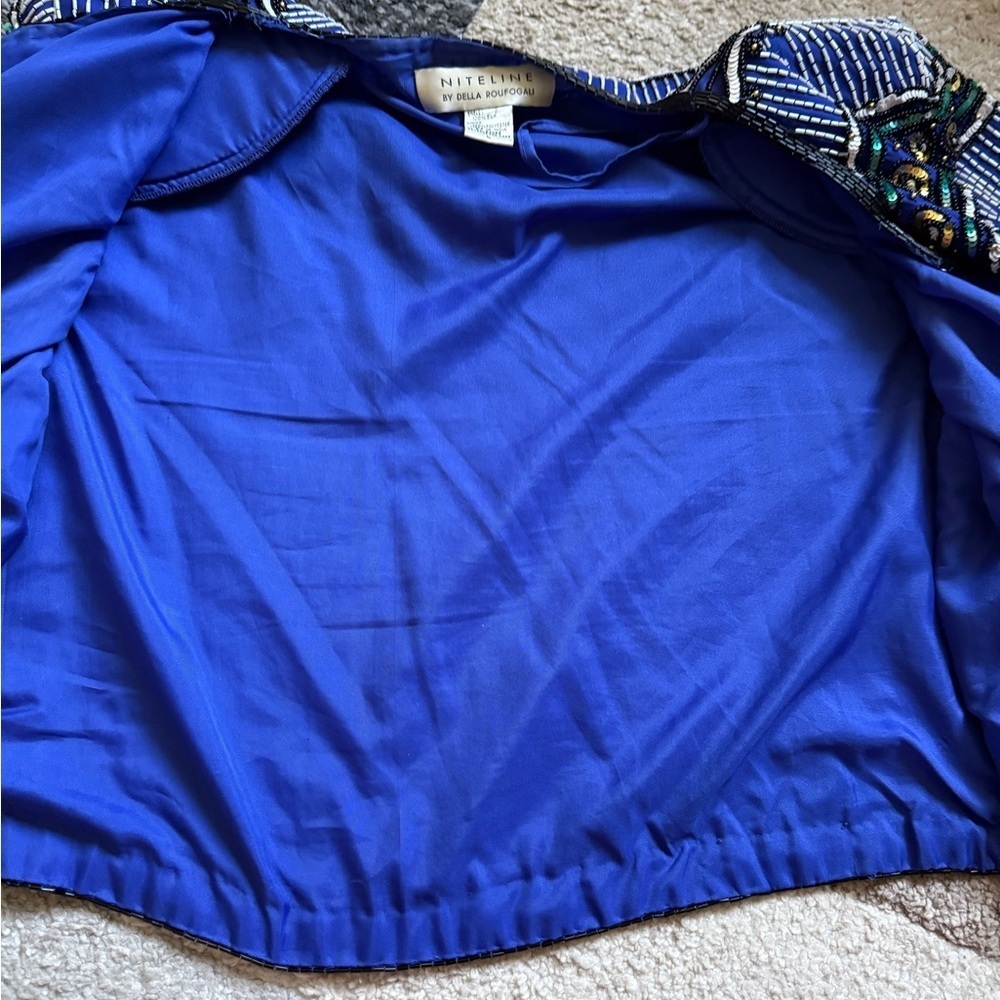 Niteline by Della Roufogali Silk Blue and Black Beaded Womens Jacket- Large - Picture 5 of 11